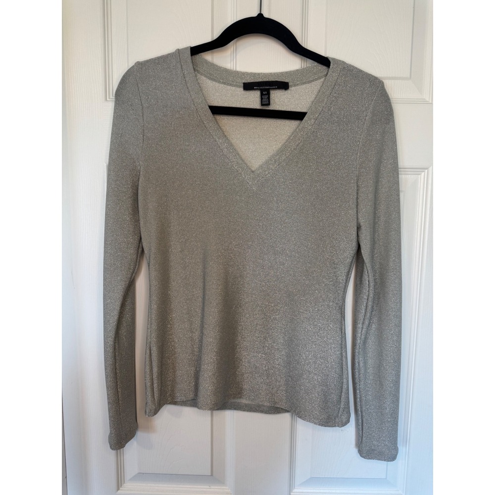 White House Black Market Silver Metallic V-Neck Long Sleeve Top XS Sparkle Knit